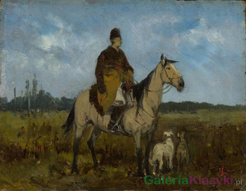 Jeździec na koniu z chartami - Jan Chełmiński